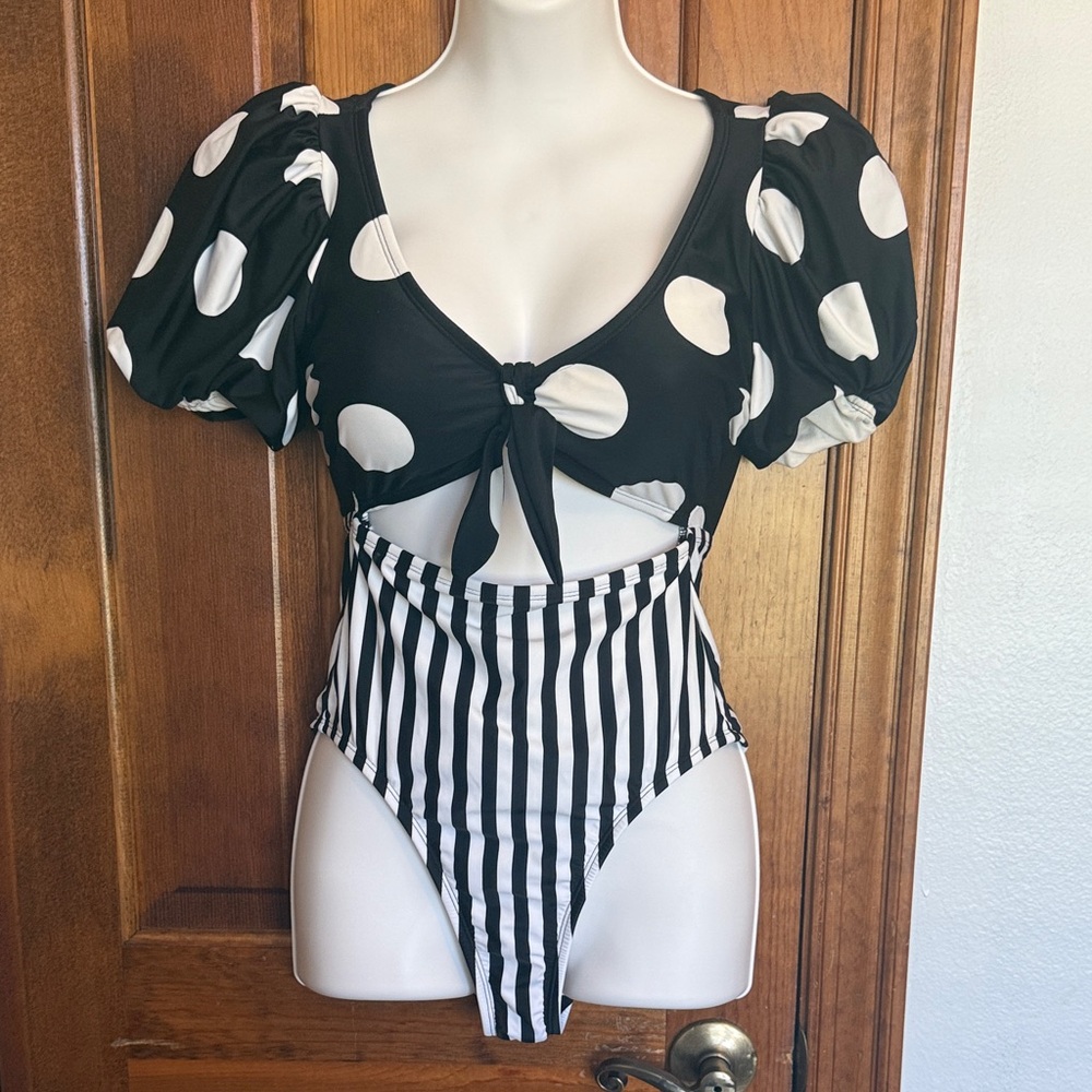 Black and White Polka Dot and Stripe One Piece Swimsuit